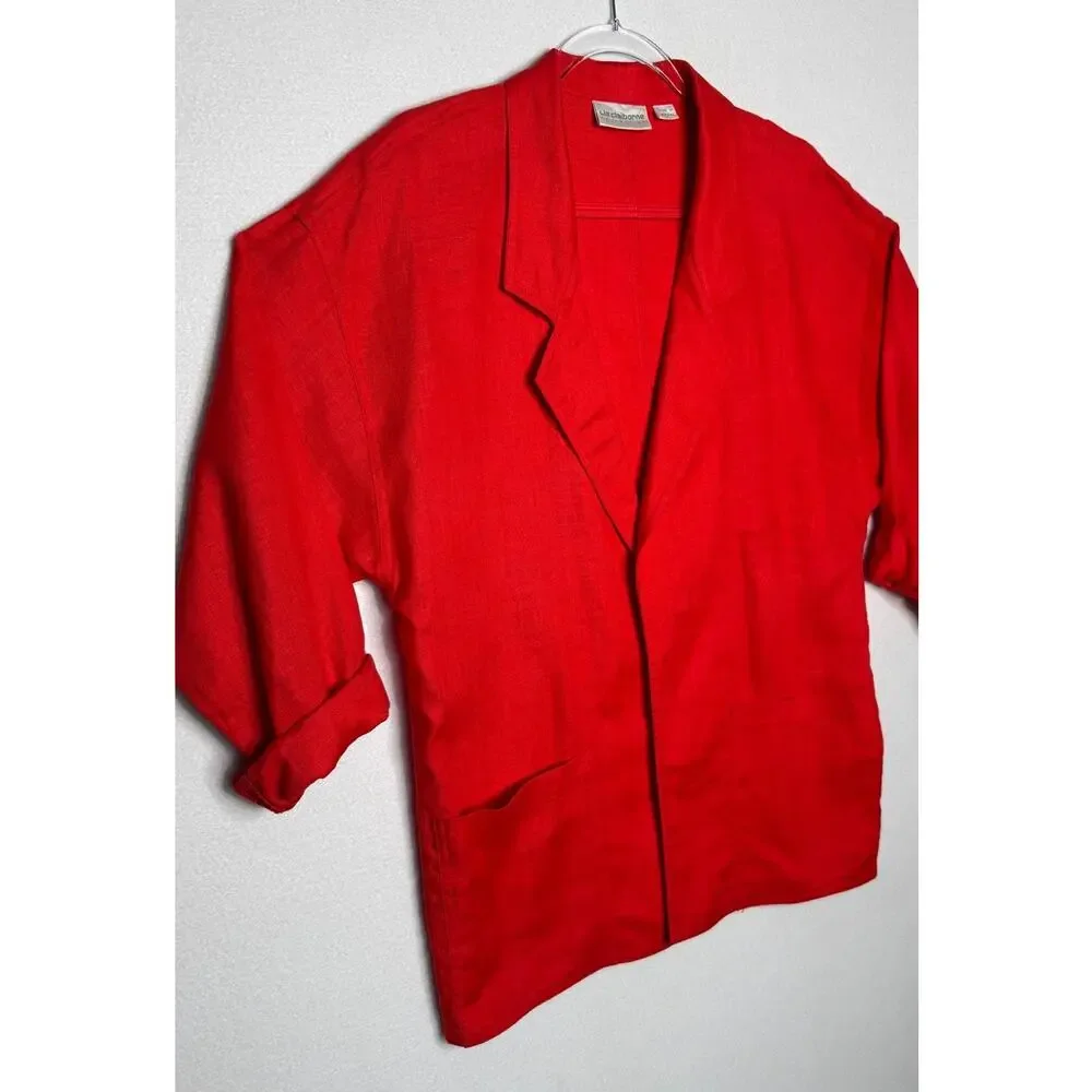 1990s Liz Claiborne Red Linen Open Front Oversized Jacket Size 6 M/L